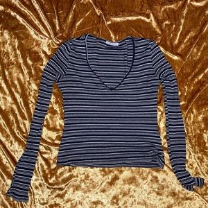 ZARA Striped V Neck Long Sleeve Shirt